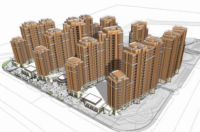 SketchUp Model of a Neoclassical High-Rise Residential Building with Red Brick and Ground-Floor Retail
