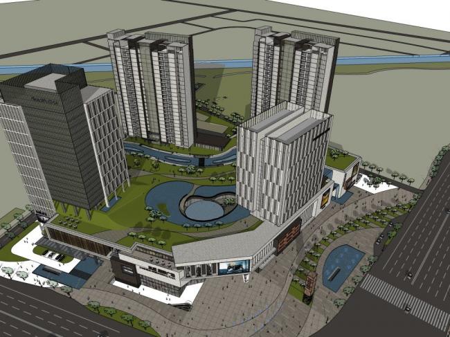 SketchUp Model of a Modern Super High-Rise Commercial and Office Complex with Retail Podium