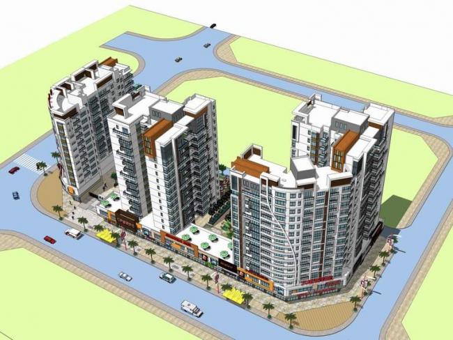 Modern High-Rise Residential Complex with Street-Level Commercial Spaces and Podium – SketchUp Model