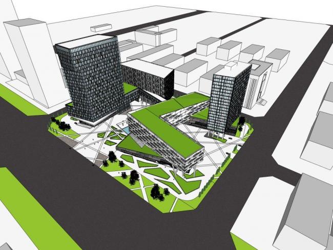 SketchUp Complex Model: Multi-Story High-Rise Mixed-Use Building with Modern Commercial Podium, Hotel, and Office Spaces