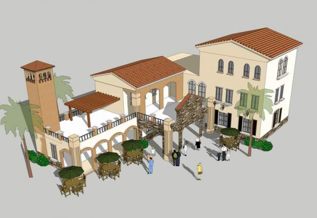 SketchUp Business Model: Multi-Story Commercial Buildings, Mediterranean-Style Clubhouse, and Spanish-Inspired Commercial Street