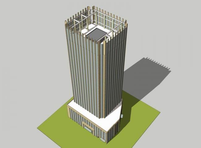 Modern High-Rise Office Building Model in SketchUp with Sleek Vertical Lines