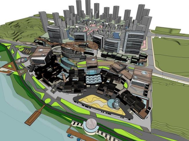 SketchUp Complex Model: Modern High-Rise Commercial Office and Hotel with Multi-Story Podium