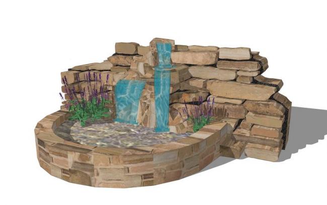 SketchUp Landscape Model Featuring Rockery, Sculptures, Waterfalls, and Modern Stone Materials