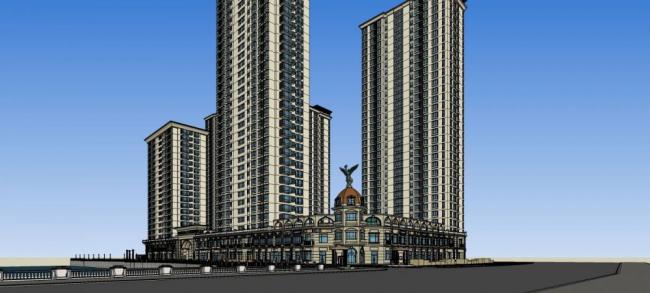 SketchUp Residential Design: High-Rise Community with European-Style Entrance, Landscape Pavilion, Mixed-Use Buildings, and Classical Architecture