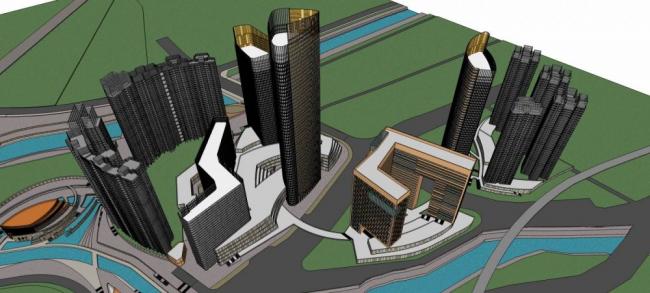 SketchUp Complex Model: Modern Super High-Rise Commercial Tower with Hotel, Offices, Shopping Mall, and Podium