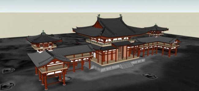 SketchUp Model of Multi-Story Ancient Chinese Architecture with Landscape, Pavilion, Entrance, and Corridor