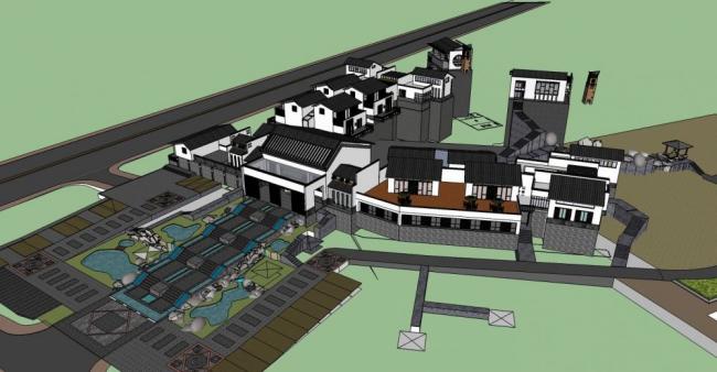 SketchUp Business Model: Multi-Story Clubhouse and Commercial Building with Chinese Architectural Style