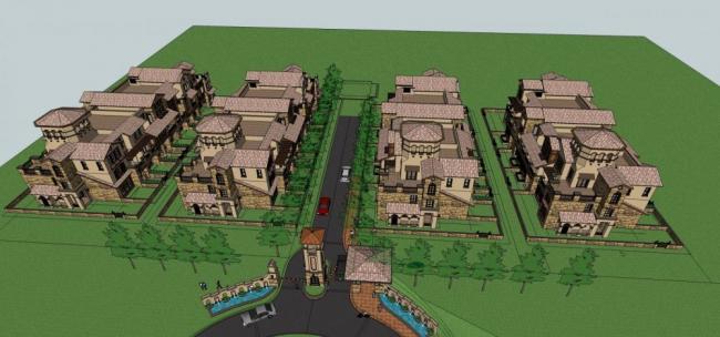 European-Style Multi-Story Townhouse Residential Model with Landscape and Tower Entrance