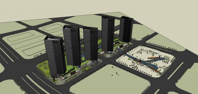 SketchUp Complex Model: Modern High-Rise Hotel, Office Tower, and Commercial Podium