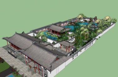 SketchUp Landscape Model Featuring Chinese Garden, Pavilion, Park, Dam, and Multi-Story Structures-BIM WORLD