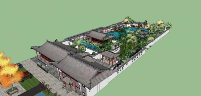 SketchUp Landscape Model Featuring Chinese Garden, Pavilion, Park, Dam, and Multi-Story Structures