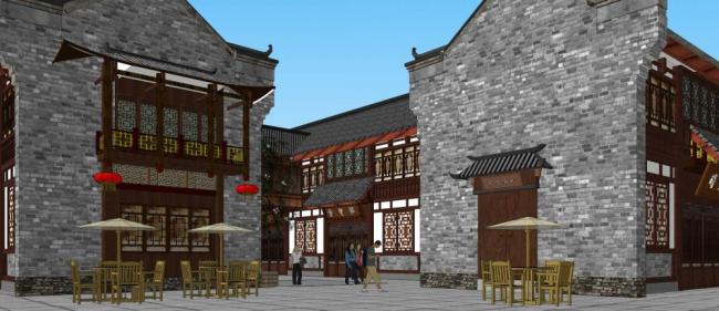 SketchUp Business Model: Multi-Story Commercial Street and Shopping Mall with Chinese Architectural Style