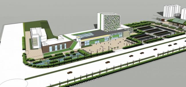 SketchUp Design: Station Road Bridge with Multi-Story Bus Station, High-Rise Office Tower, Hotel, and Modern Transit Hub