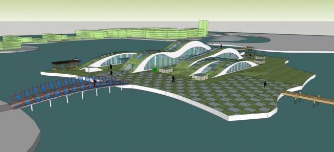 SketchUp Model: Modern Single-Story Station, Bridge, and Transportation Dock Landscape