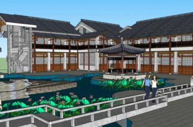 SketchUp Business Model: Commercial Architecture Featuring Huizhou Style Multi-Story Buildings, Landscapes, and Pavilions-BIM WORLD
