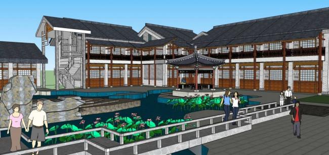 SketchUp Business Model: Commercial Architecture Featuring Huizhou Style Multi-Story Buildings, Landscapes, and Pavilions