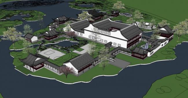 SketchUp Residential Model Featuring Chinese-Style Landscape Architecture with Pavilion and Multi-Story Attic