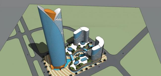 SketchUp Model of a Modern Super High-Rise Commercial Complex Featuring Hotel, Office, and Shopping Mall