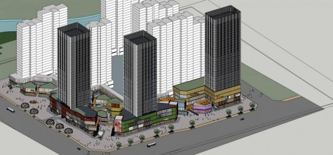 SketchUp Model of a Modern High-Rise Hotel, Office Tower, Shopping Mall, and Commercial Podium Complex