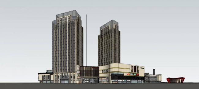 SketchUp Complex Model: Jinke Jin Street High-Rise Hotel, Office, Mall, and Multi-Story Commercial Space in Simplified European Style