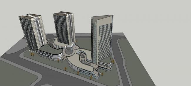 High-Rise Modern Commercial Complex with Hotel, Office, and Retail Podium in SketchUp