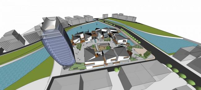 SketchUp Business Model: Modern High-Rise Hotel, Office, Shopping Mall, and Multi-Story Commercial Podium with Integrated Retail Street