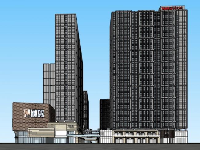 SketchUp Complex Model: Modern High-Rise Commercial Tower with Hotel, Office, and Retail Podium