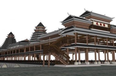 SketchUp Model of Station Road and Wind and Rain Bridge in Tujia Chinese Style-BIM WORLD