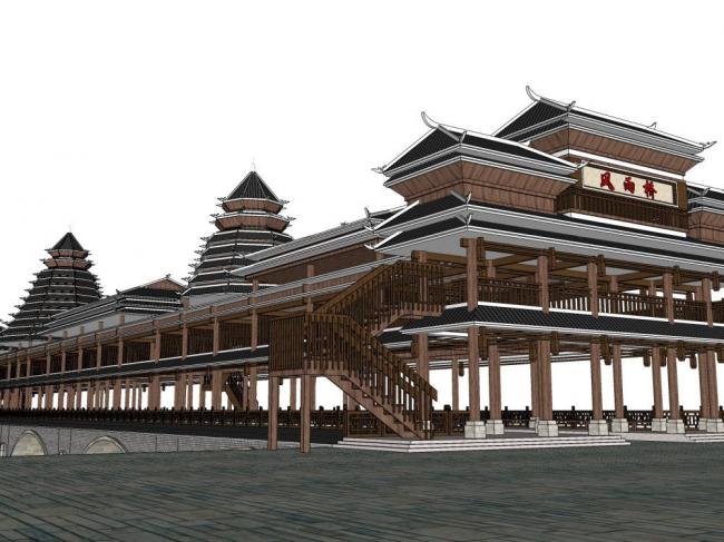 SketchUp Model of Station Road and Wind and Rain Bridge in Tujia Chinese Style