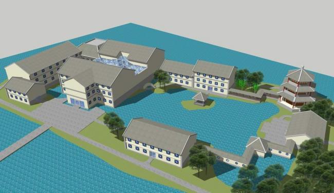 SketchUp Business Model: Multi-Story Chinese-Style Scenic Clubhouse in a Commercial Park