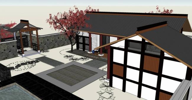 SketchUp Residential Model: Single-Story Chinese-Style Home with Courtyard and Landscape Wall