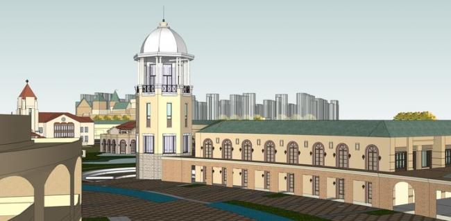 SketchUp Business Model: European-Style Multi-Story Commercial Square and Pedestrian Street