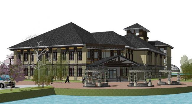 Multi-Story Southeast Asian Resort Hotel Model with Lake View in SketchUp