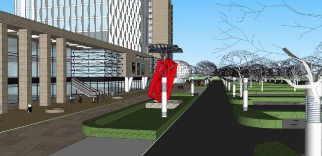 SketchUp Complex Model: Modern High-Rise Commercial Hub Featuring Hotel, Offices, Shopping Mall, and Podium