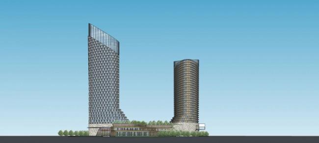 SketchUp Model of a Modern High-Rise Office Building with Hotel and Commercial Podium