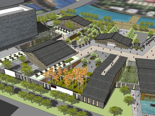 SketchUp Complex Model: Multi-Story Commercial Building with Modern Chinese Design and Retail Podium