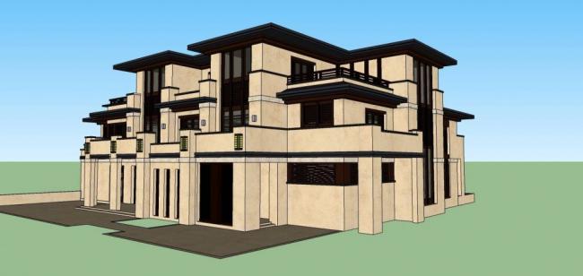 SketchUp Business Model: Multi-Story Clubhouse with Grassland and Knight-Inspired Commercial Architecture