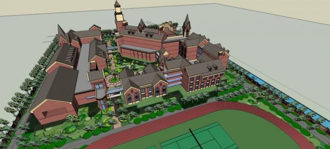 British-Style Multi-Story School Model with Classical Design and Sloping Roof in SketchUp