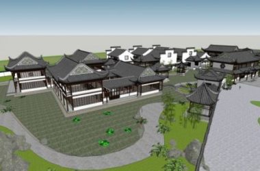 SketchUp Business Model: Multi-Story Clubhouse with Landscape, Tower, Pavilion, Entrance, and Chinese-Style Commercial Building-BIM WORLD