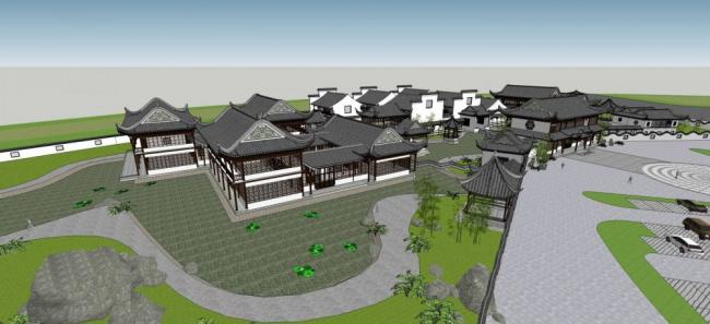 SketchUp Business Model: Multi-Story Clubhouse with Landscape, Tower, Pavilion, Entrance, and Chinese-Style Commercial Building