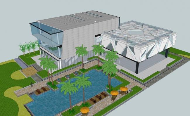 SketchUp Business Model: Modern Multi-Story Community Clubhouse, Sales Office, Landscape, and Commercial Building Design