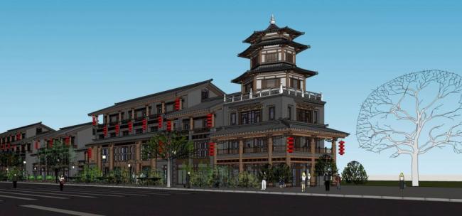SketchUp Business Model: Multi-Story Commercial Street and Chinese-Style Shopping Mall
