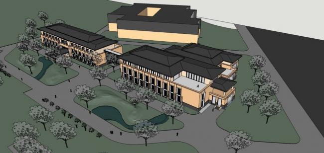 SketchUp Business Model: Multi-Story Commercial Club with Grassland Design