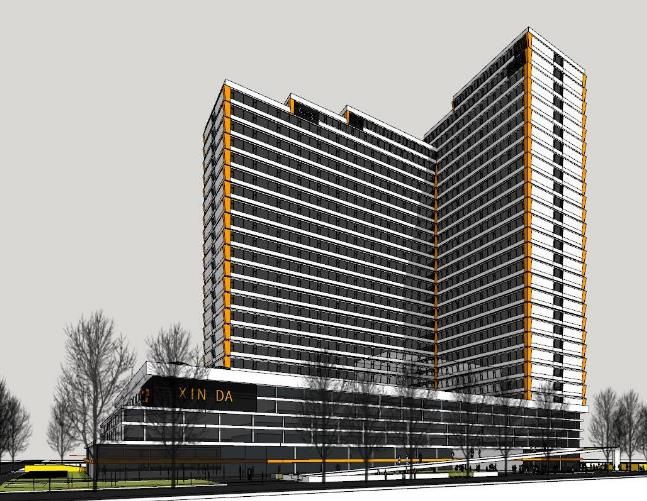 SketchUp Model of a Commercial Complex Featuring High-Rise Office, Hotel, and Multi-Story Podium