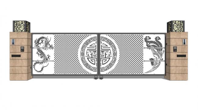 SketchUp Material Model: Iron Gate Components with Chinese Style Design
