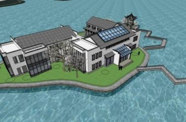 SketchUp Business Model: Multi-Story Lakefront Club with Chinese-Style Pavilions and Commercial Buildings-BIM WORLD