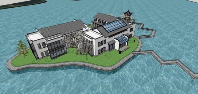 SketchUp Business Model: Multi-Story Lakefront Club with Chinese-Style Pavilions and Commercial Buildings