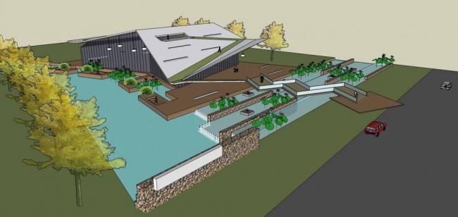 SketchUp Business Model: Modern Multi-Story Riverside Clubhouse and Commercial Building