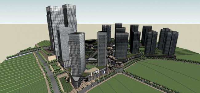 SketchUp Model of a Modern Super High-Rise Urban Complex Featuring Offices, Hotels, Apartments, and a Multi-Level Shopping Mall